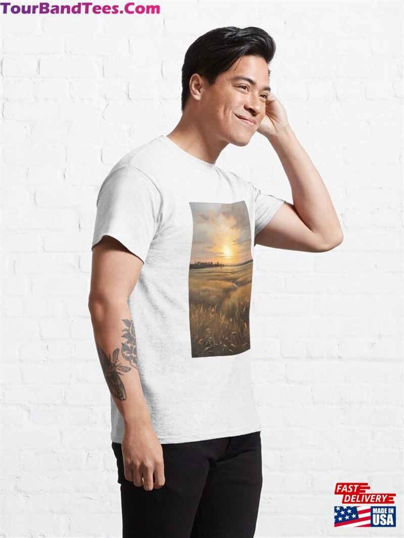 Copy Of A Sunset Over Grassy Landscape Vintage Oil Painting Classic T-Shirt Unisex 29Uf192392 – Utopia Fashion