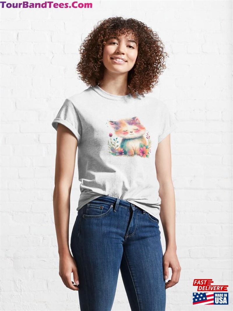 Cute Colorful Watercolor Cat Among Beautiful Flowers Classic T-Shirt Unisex 29Uf211476 – Utopia Fashion