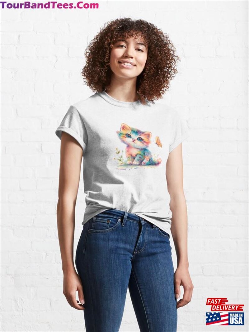 Cute Colorful Watercolor Cat With Butterfly Among Beautiful Flowers Classic T-Shirt 29Uf211709 – Utopia Fashion