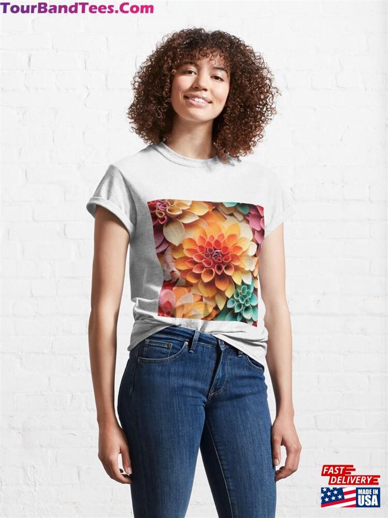 Dahlia Tile Velvet Pom Poms In A Rainbow Garden With Layers Of Petals Classic T-Shirt Unisex 29Uf194039 – Utopia Fashion