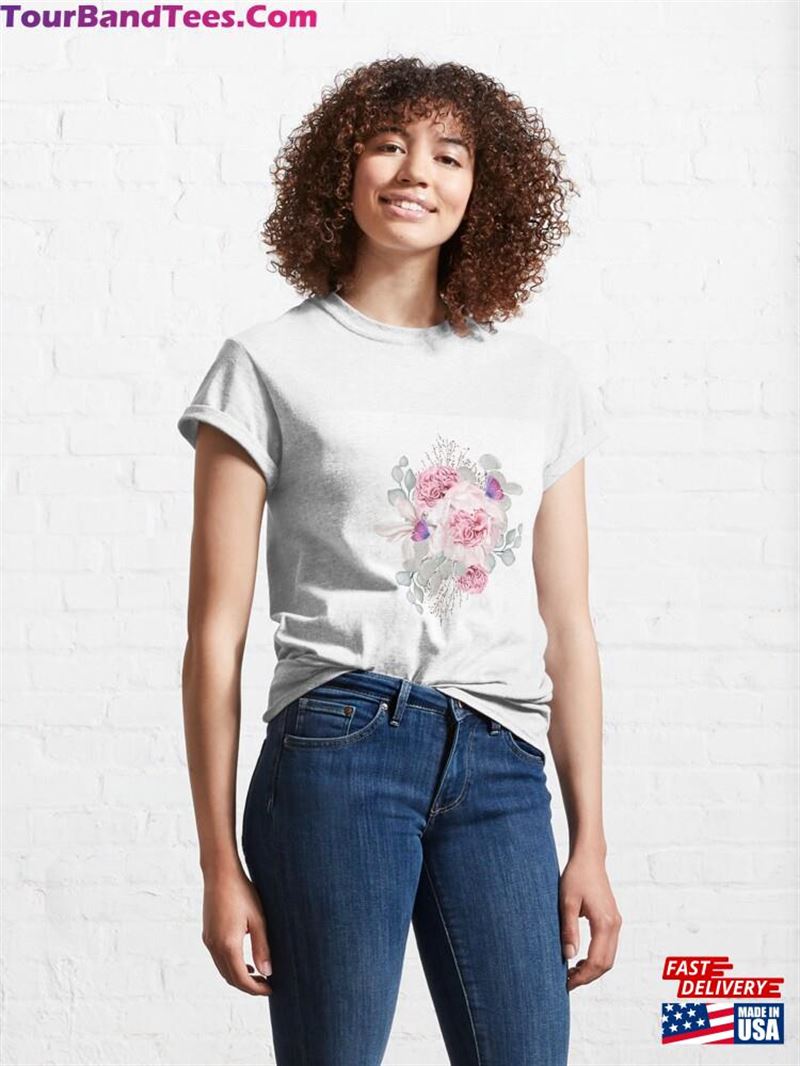 Elegant Bouquet With Peonies Roses And Eucalyptus Leaves Classic T-Shirt Sweatshirt 29Uf193970 – Utopia Fashion